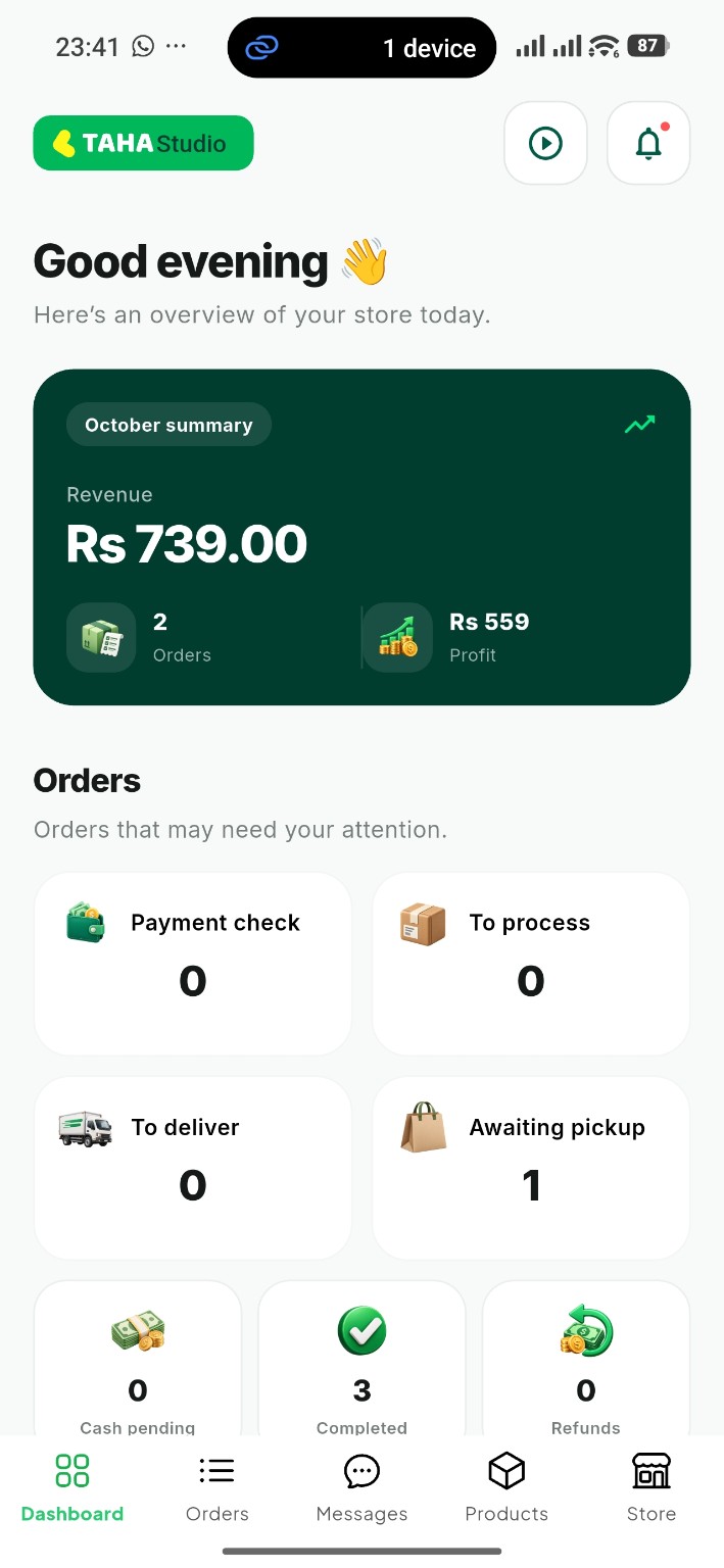 TAHA Studio dashboard showing revenue and order statuses