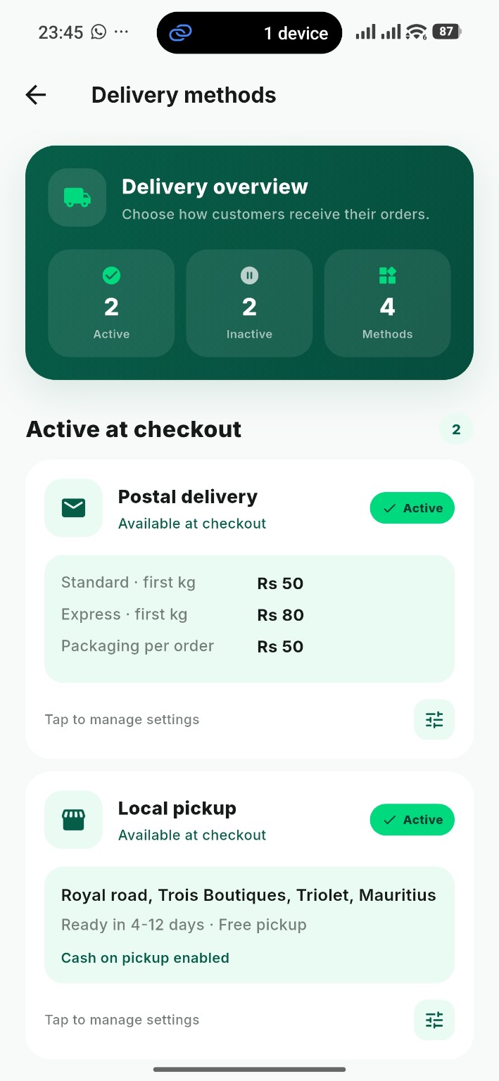 Delivery methods screen showing postal rates and local pickup settings