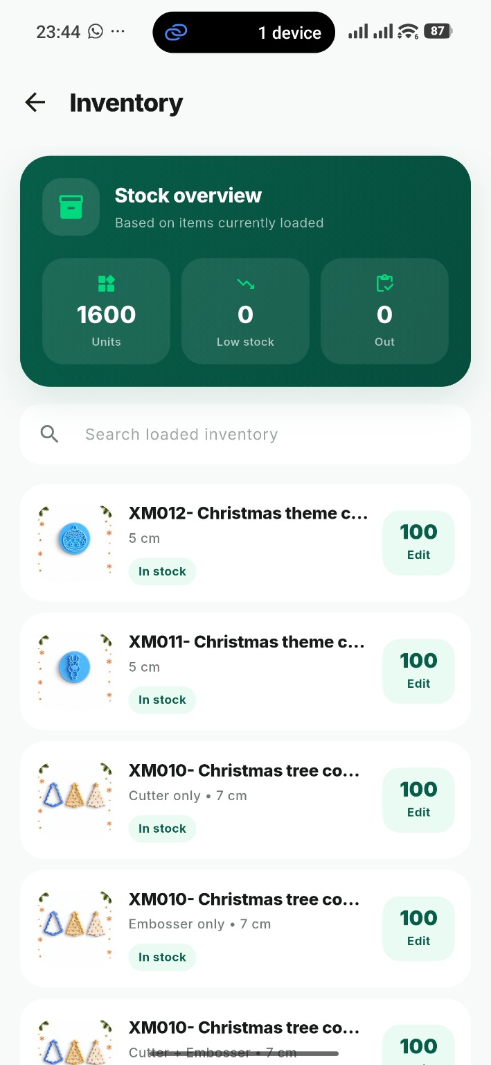 Inventory screen with stock totals, product variants and editable quantities