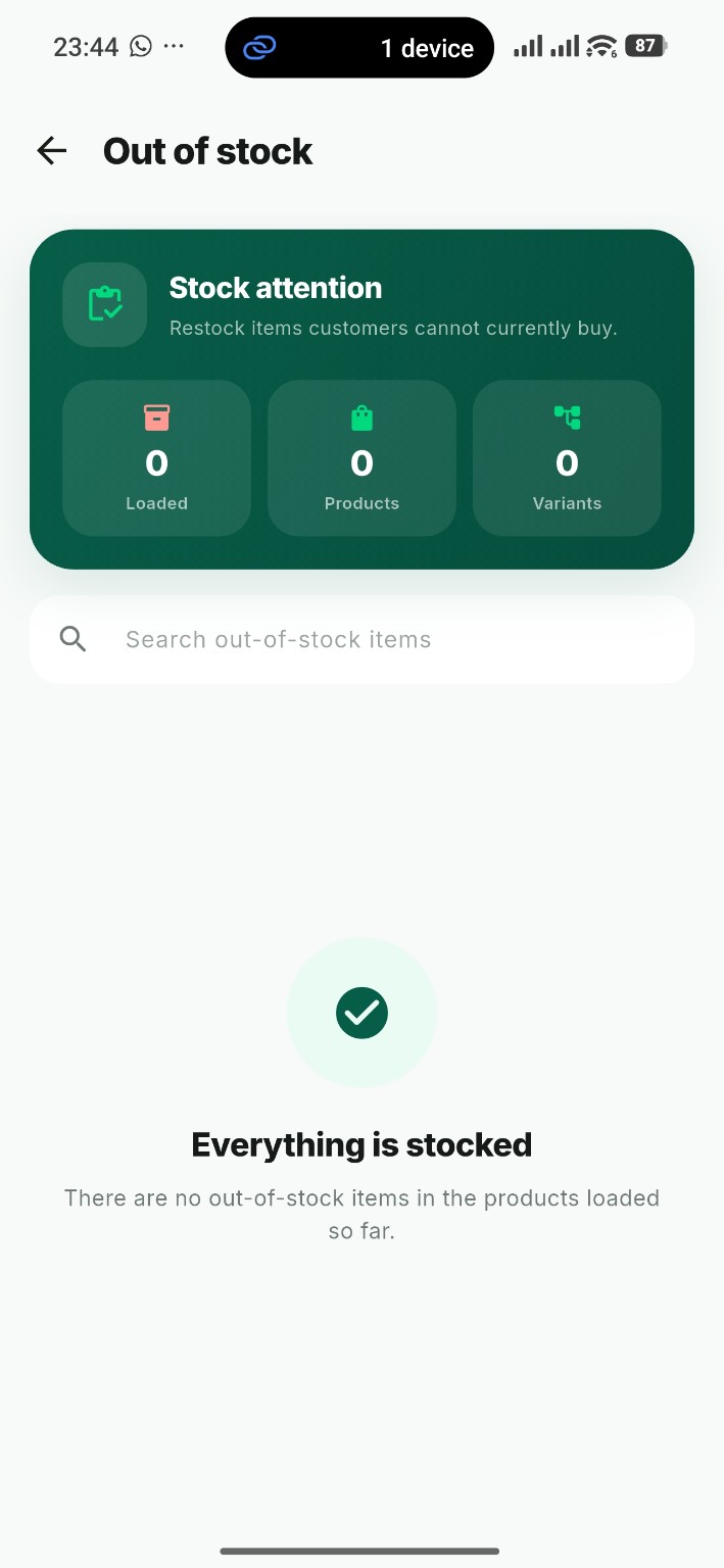 Out-of-stock screen with product and variant counts and an all-stocked message