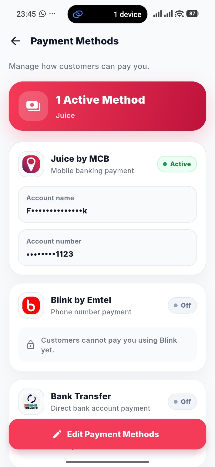 Payment methods screen showing Juice active and Blink and bank transfer off