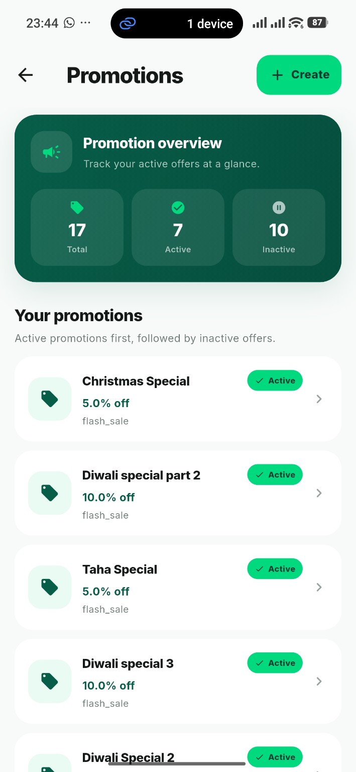 Promotions screen showing active and inactive offers and percentage discounts